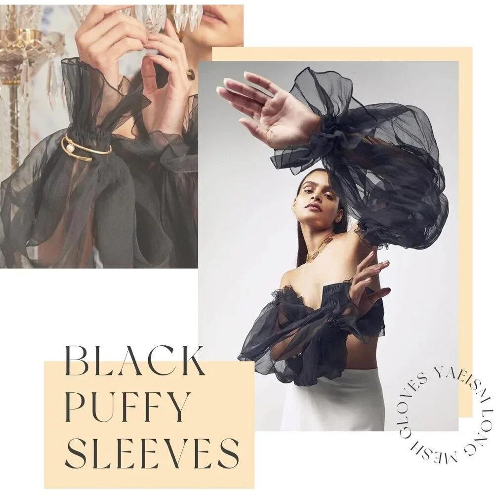 Women's Wedding Puffy Fingerless Black Detachable Long Sleeves Ruffled Gloves